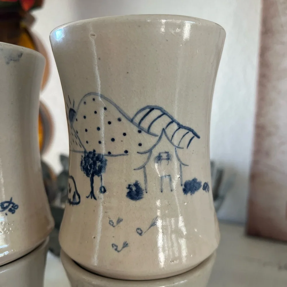 Rare Set of 4 Handmade Pottery Cups Mugs Solid Heavy Blue Folk Art Ichthys Symbo